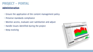 PROJECT – PORTAL
Administration
▪ Ensure the application of the content management policy
▪ Preserve standards compliance
▪ Monitor access, evaluate user satisfaction and adjust
▪ Handle issues identified during the project
▪ Keep evolving

 
