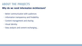 ABOUT THE PROJECTS
Why do we need Information Architecture?
▪ Better communication with audiences
▪ Information transparency and findability
▪ Content management and sharing
▪ Visual identity
▪ Data analysis and content exchanging...

 