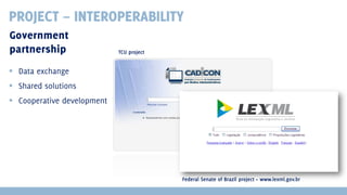 PROJECT – INTEROPERABILITY
Government
partnership

TCU project

 Data exchange
 Shared solutions
 Cooperative development

Federal Senate of Brazil project – www.lexml.gov.br

 