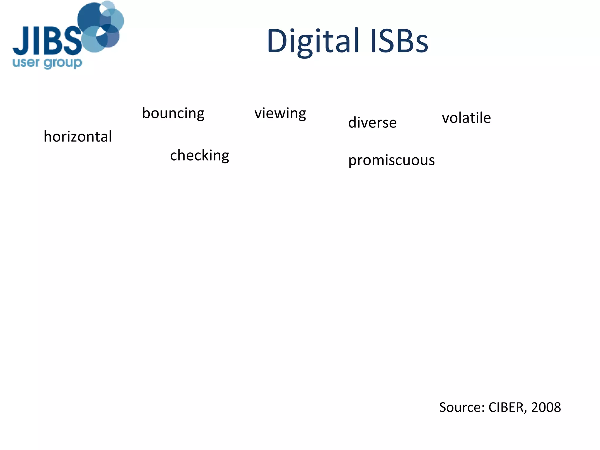 Digital ISBs Horizontal information seeking Viewers  Power browsers “ 60% of e-journal users view no more than 3 pages” “ Average time on e-book or e-journal sites: 4-8 mins” “ Power browse horizontally through titles, contents pages and abstracts going for quick wins” horizontal bouncing checking viewing promiscuous diverse volatile Source: CIBER, 2008 