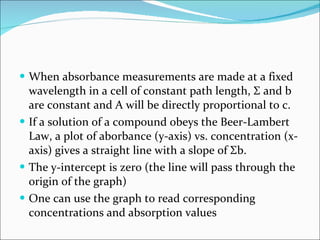 When absorbance measurements are made at a fixed wavelength in a cell of constant path length,  Σ  and b are constant and A will be directly proportional to c. If a solution of a compound obeys the Beer-Lambert Law, a plot of aborbance (y-axis) vs. concentration (x-axis) gives a straight line with a slope of  Σ b. The y-intercept is zero (the line will pass through the origin of the graph) One can use the graph to read corresponding concentrations and absorption values 