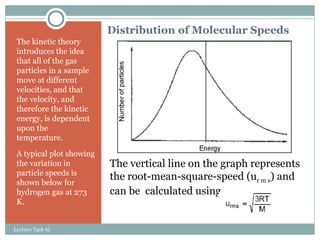 Distribution of Molecular Speeds The kinetic theory introduces the idea that all of the gas particles in a sample move at different velocities, and that the velocity, and therefore the kinetic energy, is dependent upon the temperature. A typical plot showing the variation in particle speeds is shown below for hydrogen gas at 273 K. The vertical line on the graph represents the root-mean-square-speed (u r m s ) and can be  calculated using Lecture Task 6i 