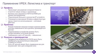 ©2018 Extreme Networks, Inc. All rights reserved
Применение VPEX: Логистика и транспорт
 Профиль
– Происходит расширение складской ёмкости
– Строятся новые склады и хранилища
– Куплены или закупаются X670-G2/X690 для
уровня распределения
– Подключение большого количества IP устройств
– Планируется массивная Wireless инфраструктура
– Цена и простота использования – ключевые
факторы
 Проблема
– Разная полезная нагрузка склада в разное время,
поэтому изменения в сети должны производиться
быстро.
– Подключаемые устройства должны быть
сегментированы на втором уровне.
– Требования к port и IP security – смешанные
 Решение и преимущества
– Продвинутые возможности EXOS могут быть
развёрнуты по относительно невысокой
стоимости (VPEX)
– Port и IP security может быть применена как для
внутренней, так и для складской сети
Diverse set of connected devices
Lighting
Sensors
Physical Security
Devices for WMS’s
Scanners
Lasers
Cameras
 