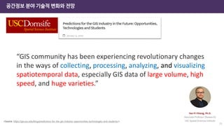 “GIS community has been experiencing revolutionary changes
in the ways of collecting, processing, analyzing, and visualizing
spatiotemporal data, especially GIS data of large volume, high
speed, and huge varieties.”
<Source: https://gis.usc.edu/blog/predictions-for-the-gis-industry-opportunities-technologies-and-students/>
공간정보 분야 기술적 변화와 전망
23
 