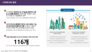 스마트시티 정의
44
<Source: 김형태, 스마트시티 디지털트윈 기반의 환경영향평가>
116개
국제전기통신연합 (ITU)의 조사에 따른 스마트시티의 정의
도시에 ICT, 빅데이터 등 신기술을 접목하여 각종
도시 문제를 해결하고, 삶의 질을 개선할 수 있는
도시 모델 (도시 플랫폼)로 정의
(스마트시티 추진전략 (‘18.01.29. 4차 산업혁명위원회, 관계부처 합동))
도시가 하나의 플랫폼이 된다는 것은 새로운 기능
과 서비스를 자유롭게 추가할 수 있다는 것을 의
미하며, 무한한 혁신 잠재력을 보유하고 있음
(정보화진흥원, 스마트시티 발전전망과 한국의 경쟁력, 2016.11 참고)
(ITU, ITU-T FG-SSC(2014), Smart Sustainable cities : An analysis of definitions)
 