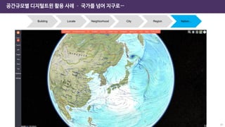 공간규모별 디지털트윈 활용 사례 – 국가를 넘어 지구로…
Building Locale Neighborhood City Region Nation…
65
 
