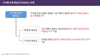 디지털 트윈 충실도(Fidelity) 모형
9
디지털 트윈
충실도
디지털 트윈 모델로 표현된 가상 객체가 원래의 물리적 객체와 얼마나
잘 부합하는가?
특성화 충실도
시각화 충실도
가상 객체가 얼마나 정교하게 물리적 객체의 행위 동작에
부합하는지가 기준
디지털 트윈이 물리적 객체와 얼마나 비슷하게 보이는지가
기준
<Source: 김용운 외. 2021. 디지털 트윈의 꿈(한글 요약). ETRI>
 