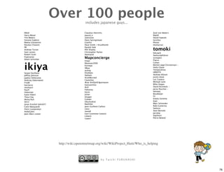 Over 100 people   includes japanese guys...

Mikel                                      Claudius Henrichs                             Axel von Matern
Harry Wood                                 pascal_n                                      MattD
Tim Waters                                 zvenzzon                                      David Fawcett
Simone Gadenz                              Dane Springmeyer                              torstiko
Mattia Giovannini                          Gianfra                                       Phono
Nicolas Chavent                            Dave Smith / DruidSmith                       Dankarran

                                                                                         tomoki
PB                                         Randal Hale
Andrew Turner                              Phil Shipley
Sam Larsen                                 Christopher Parker                            EdLoach
Robert Scott                               davespod                                      Seehundeführer
Esperanza
Adam Schreiber
                                           Mapconcierge                                  osmapb1
                                           Imapi                                         Flacus



ikiya
                                           Bikeman2000                                   Cohan
                                           Komяpa                                        Morten Jagd Christensen -
                                           XBear                                         Holly Glaser
                                           acdsig                                        Temporalista
Sergio Sevillano                           Divebalu                                      HB9DTX
Jeffrey Johnson                            StellanL                                      Andrew Allison
Jaakko Helleranta                          AssetBurned                                   Justin Houk
Andrzej Zaborowski                         Ceyockey                                      Luc Castera
FredB                                      Ævar Arnfjörð Bjarmason                       Michael Lane
harrierco                                  Ivansanchez                                   Mike Hogan
neuhausr                                   ALE!                                          David Runneals -
PaulY                                      Fabianos                                      Jarno Peschier -
Osbornec                                   Kevin                                         helmed,
Katie Filbert                              Julian                                        Boudewijn
Thea Clay                                  olvagor                                       Fil
Micha Ruh                                  Gubaer                                        Estela Llorente
SK53                                       UbuntuAcer                                    Kam
Jonas Krückel (John07)                     RatZillaS                                     Marc Schneider
Colin Marquardt                            Jean-Guilhem Cailton                          Rafa Gutierrez
Floris Looijesteijn                        clara                                         Samusz
AndyGates                                  steve8                                        Sean Bennett
Jean-Marc Liotier                          Gert Gremmen (cetest)                         Jarrattp
                                           Lübeck                                        Xapitoun
                                           sxpert                                        Pierre Beland




                          http://wiki.openstreetmap.org/wiki/WikiProject_Haiti/Who_is_helping



                                                          by Taichi FURUHASHI


                                                                                                                     76
 