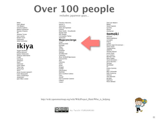 Over 100 people   includes japanese guys...

Mikel                                      Claudius Henrichs                             Axel von Matern
Harry Wood                                 pascal_n                                      MattD
Tim Waters                                 zvenzzon                                      David Fawcett
Simone Gadenz                              Dane Springmeyer                              torstiko
Mattia Giovannini                          Gianfra                                       Phono
Nicolas Chavent                            Dave Smith / DruidSmith                       Dankarran

                                                                                         tomoki
PB                                         Randal Hale
Andrew Turner                              Phil Shipley
Sam Larsen                                 Christopher Parker                            EdLoach
Robert Scott                               davespod                                      Seehundeführer
Esperanza
Adam Schreiber
                                           Mapconcierge                                  osmapb1
                                           Imapi                                         Flacus



ikiya
                                           Bikeman2000                                   Cohan
                                           Komяpa                                        Morten Jagd Christensen -
                                           XBear                                         Holly Glaser
                                           acdsig                                        Temporalista
Sergio Sevillano                           Divebalu                                      HB9DTX
Jeffrey Johnson                            StellanL                                      Andrew Allison
Jaakko Helleranta                          AssetBurned                                   Justin Houk
Andrzej Zaborowski                         Ceyockey                                      Luc Castera
FredB                                      Ævar Arnfjörð Bjarmason                       Michael Lane
harrierco                                  Ivansanchez                                   Mike Hogan
neuhausr                                   ALE!                                          David Runneals -
PaulY                                      Fabianos                                      Jarno Peschier -
Osbornec                                   Kevin                                         helmed,
Katie Filbert                              Julian                                        Boudewijn
Thea Clay                                  olvagor                                       Fil
Micha Ruh                                  Gubaer                                        Estela Llorente
SK53                                       UbuntuAcer                                    Kam
Jonas Krückel (John07)                     RatZillaS                                     Marc Schneider
Colin Marquardt                            Jean-Guilhem Cailton                          Rafa Gutierrez
Floris Looijesteijn                        clara                                         Samusz
AndyGates                                  steve8                                        Sean Bennett
Jean-Marc Liotier                          Gert Gremmen (cetest)                         Jarrattp
                                           Lübeck                                        Xapitoun
                                           sxpert                                        Pierre Beland




                          http://wiki.openstreetmap.org/wiki/WikiProject_Haiti/Who_is_helping



                                                          by Taichi FURUHASHI


                                                                                                                     77
 