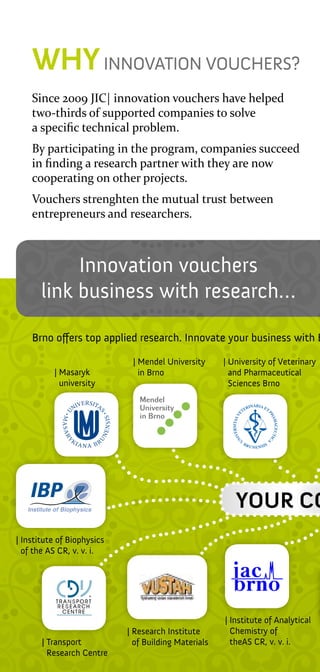 WHY INNOVATION VOUCHERS?
Since 2009 JIC| innovation vouchers have helped
two-thirds of supported companies to solve
a specific technical problem.
By participating in the program, companies succeed
in finding a research partner with they are now
cooperating on other projects.
Vouchers strenghten the mutual trust between
entrepreneurs and researchers.

Innovation vouchers
link business with research…

Brno offers top applied research. Innovate your business with B
| Masaryk
university

|  endel University
M
in Brno

|  niversity of Veterinary
U
and Pharmaceutical
Sciences Brno

YOUR CO
| 
Institute of Biophysics
of the AS CR, v. v. i.

| Transport
Research Centre

|  esearch Institute
R
of Building Materials

| nstitute of Analytical
I
Chemistry of
theAS CR, v. v. i.

 