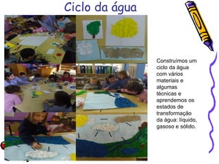 Ciclo da água
Construímos um
ciclo da água
com vários
materiais e
algumas
técnicas e
aprendemos os
estados de
transformação
da água: líquido,
gasoso e sólido.
 