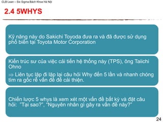 CLB Lean – Six Sigma Bách Khoa Hà Nội
Kỹ năng này do Sakichi Toyoda đưa ra và đã được sử dụng
phổ biến tại Toyota Motor Corporation
Kiến trúc sư của việc cải tiến hệ thống này (TPS), ông Taiichi
Ohno
 Liên tục lặp đi lặp lại câu hỏi Why đến 5 lần và nhanh chóng
tìm ra gốc rễ vấn đề để cải thiện.
Chiến lược 5 whys là xem xét một vấn đề bất kỳ và đặt câu
hỏi: ”Tại sao?”, “Nguyên nhân gì gây ra vấn đề này?”
2.4 5WHYS
24
 