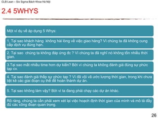 CLB Lean – Six Sigma Bách Khoa Hà Nội
2.4 5WHYS
26
Một ví dụ về áp dụng 5 Whys:
1. Tại sao khách hàng không hài lòng về việc giao hàng? Vì chúng ta đã không cung
cấp dịch vụ đúng hạn.
2. Tại sao chúng ta không đáp ứng đc ? Vì chúng ta đã nghĩ nó không tốn nhiều thời
gian.
3.Tại sao mất nhiều time hơn dự kiến? Bởi vì chúng ta không đánh giá đúng sự phức
tạp cv.
4. Tại sao đánh giá thấp sự phức tạp ? Vì đã vội vã ước lượng thời gian, trong khi chưa
liệt kê các giai đoạn cụ thể để hoàn thành dự án.
5. Tại sao không làm vậy? Bởi vì ta đang phải chạy các dự án khác.
Rõ ràng, chúng ta cần phải xem xét lại việc hoạch định thời gian của mình và mô tả đầy
đủ các công đoạn quan trọng.
 