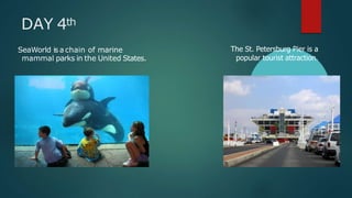 DAY 4th
SeaWorld isa chain of marine
mammal parks in the United States.
The St. Petersburg Pier is a
popular tourist attraction.
 