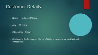 Customer Details
Name -Mr. Jack D’Souza
Age –50years
Citizenship –Indian
Destination Preferences –Places of Historic Importance and Natural
attractions.
 