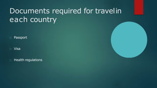 Documents required for travelin
each country
Passport
Visa
Health regulations
 