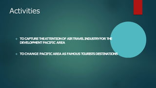 Activities
 TOCAPTURETHEATTENTIONOF AIRTRAVELINDUSTRYFORTHE
DEVELOPMENTPACIFIC AREA
 TOCHANGE PACIFICAREAASFAMOUSTOURISTSDESTINATIONS
 