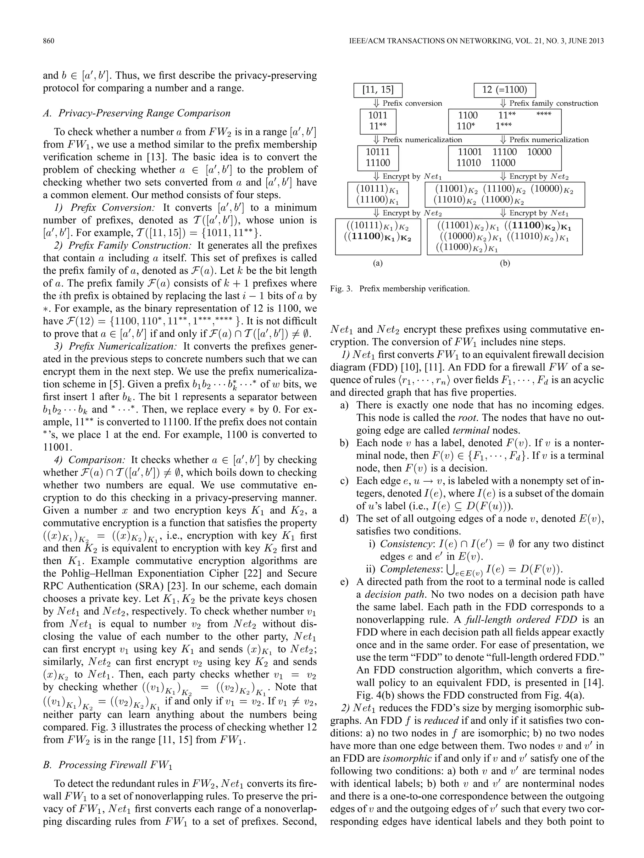 860 IEEE/ACM TRANSACTIONS ON NETWORKING, VOL. 21, NO. 3, JUNE 2013
and . Thus, we ﬁrst describe the privacy-preserving
protocol for comparing a number and a range.
A. Privacy-Preserving Range Comparison
To check whether a number from is in a range
from , we use a method similar to the preﬁx membership
veriﬁcation scheme in [13]. The basic idea is to convert the
problem of checking whether to the problem of
checking whether two sets converted from and have
a common element. Our method consists of four steps.
1) Preﬁx Conversion: It converts to a minimum
number of preﬁxes, denoted as , whose union is
. For example, .
2) Preﬁx Family Construction: It generates all the preﬁxes
that contain including itself. This set of preﬁxes is called
the preﬁx family of , denoted as . Let be the bit length
of . The preﬁx family consists of preﬁxes where
the th preﬁx is obtained by replacing the last bits of by
. For example, as the binary representation of 12 is 1100, we
have . It is not difﬁcult
to prove that if and only if .
3) Preﬁx Numericalization: It converts the preﬁxes gener-
ated in the previous steps to concrete numbers such that we can
encrypt them in the next step. We use the preﬁx numericaliza-
tion scheme in [5]. Given a preﬁx of bits, we
ﬁrst insert 1 after . The bit 1 represents a separator between
and . Then, we replace every by 0. For ex-
ample, 11 is converted to 11100. If the preﬁx does not contain
’s, we place 1 at the end. For example, 1100 is converted to
11001.
4) Comparison: It checks whether by checking
whether , which boils down to checking
whether two numbers are equal. We use commutative en-
cryption to do this checking in a privacy-preserving manner.
Given a number and two encryption keys and , a
commutative encryption is a function that satisﬁes the property
, i.e., encryption with key ﬁrst
and then is equivalent to encryption with key ﬁrst and
then . Example commutative encryption algorithms are
the Pohlig–Hellman Exponentiation Cipher [22] and Secure
RPC Authentication (SRA) [23]. In our scheme, each domain
chooses a private key. Let be the private keys chosen
by and , respectively. To check whether number
from is equal to number from without dis-
closing the value of each number to the other party,
can ﬁrst encrypt using key and sends to ;
similarly, can ﬁrst encrypt using key and sends
to . Then, each party checks whether
by checking whether . Note that
if and only if . If ,
neither party can learn anything about the numbers being
compared. Fig. 3 illustrates the process of checking whether 12
from is in the range [11, 15] from .
B. Processing Firewall
To detect the redundant rules in , converts its ﬁre-
wall to a set of nonoverlapping rules. To preserve the pri-
vacy of , ﬁrst converts each range of a nonoverlap-
ping discarding rules from to a set of preﬁxes. Second,
Fig. 3. Preﬁx membership veriﬁcation.
and encrypt these preﬁxes using commutative en-
cryption. The conversion of includes nine steps.
1) ﬁrst converts to an equivalent ﬁrewall decision
diagram (FDD) [10], [11]. An FDD for a ﬁrewall of a se-
quence of rules over ﬁelds is an acyclic
and directed graph that has ﬁve properties.
a) There is exactly one node that has no incoming edges.
This node is called the root. The nodes that have no out-
going edge are called terminal nodes.
b) Each node has a label, denoted . If is a nonter-
minal node, then . If is a terminal
node, then is a decision.
c) Each edge , , is labeled with a nonempty set of in-
tegers, denoted , where is a subset of the domain
of ’s label (i.e., ).
d) The set of all outgoing edges of a node , denoted ,
satisﬁes two conditions.
i) Consistency: for any two distinct
edges and in .
ii) Completeness: .
e) A directed path from the root to a terminal node is called
a decision path. No two nodes on a decision path have
the same label. Each path in the FDD corresponds to a
nonoverlapping rule. A full-length ordered FDD is an
FDD where in each decision path all ﬁelds appear exactly
once and in the same order. For ease of presentation, we
use the term “FDD” to denote “full-length ordered FDD.”
An FDD construction algorithm, which converts a ﬁre-
wall policy to an equivalent FDD, is presented in [14].
Fig. 4(b) shows the FDD constructed from Fig. 4(a).
2) reduces the FDD’s size by merging isomorphic sub-
graphs. An FDD is reduced if and only if it satisﬁes two con-
ditions: a) no two nodes in are isomorphic; b) no two nodes
have more than one edge between them. Two nodes and in
an FDD are isomorphic if and only if and satisfy one of the
following two conditions: a) both and are terminal nodes
with identical labels; b) both and are nonterminal nodes
and there is a one-to-one correspondence between the outgoing
edges of and the outgoing edges of such that every two cor-
responding edges have identical labels and they both point to
 