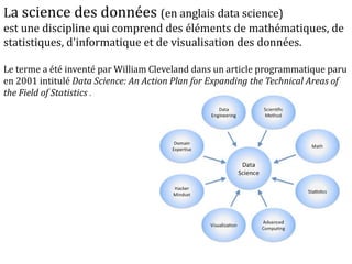 La science des données (en anglais data science)
est une discipline qui comprend des éléments de mathématiques, de
statistiques, d'informatique et de visualisation des données.
Le terme a été inventé par William Cleveland dans un article programmatique paru
en 2001 intitulé Data Science: An Action Plan for Expanding the Technical Areas of
the Field of Statistics .
 