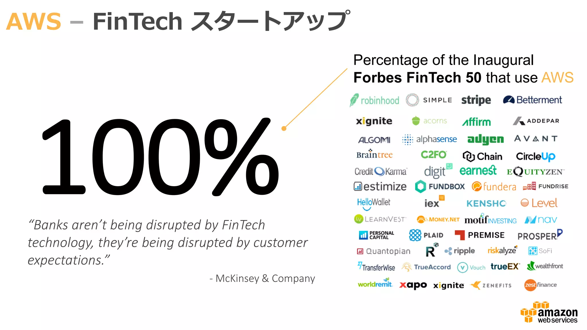 “Banks aren’t being disrupted by FinTech
technology, they’re being disrupted by customer
expectations.”
- McKinsey & Company
AWS – FinTech スタートアップ
100%
Percentage of the Inaugural
Forbes FinTech 50 that use AWS
 