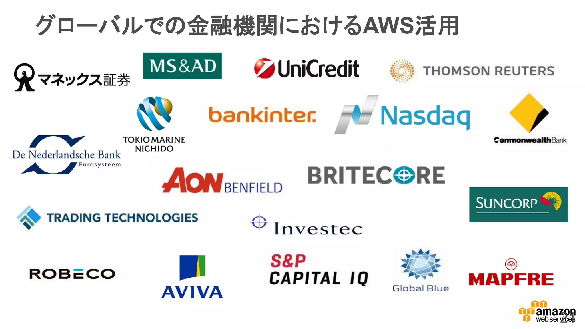 21
グローバルでの金融機関におけるAWS活用
 