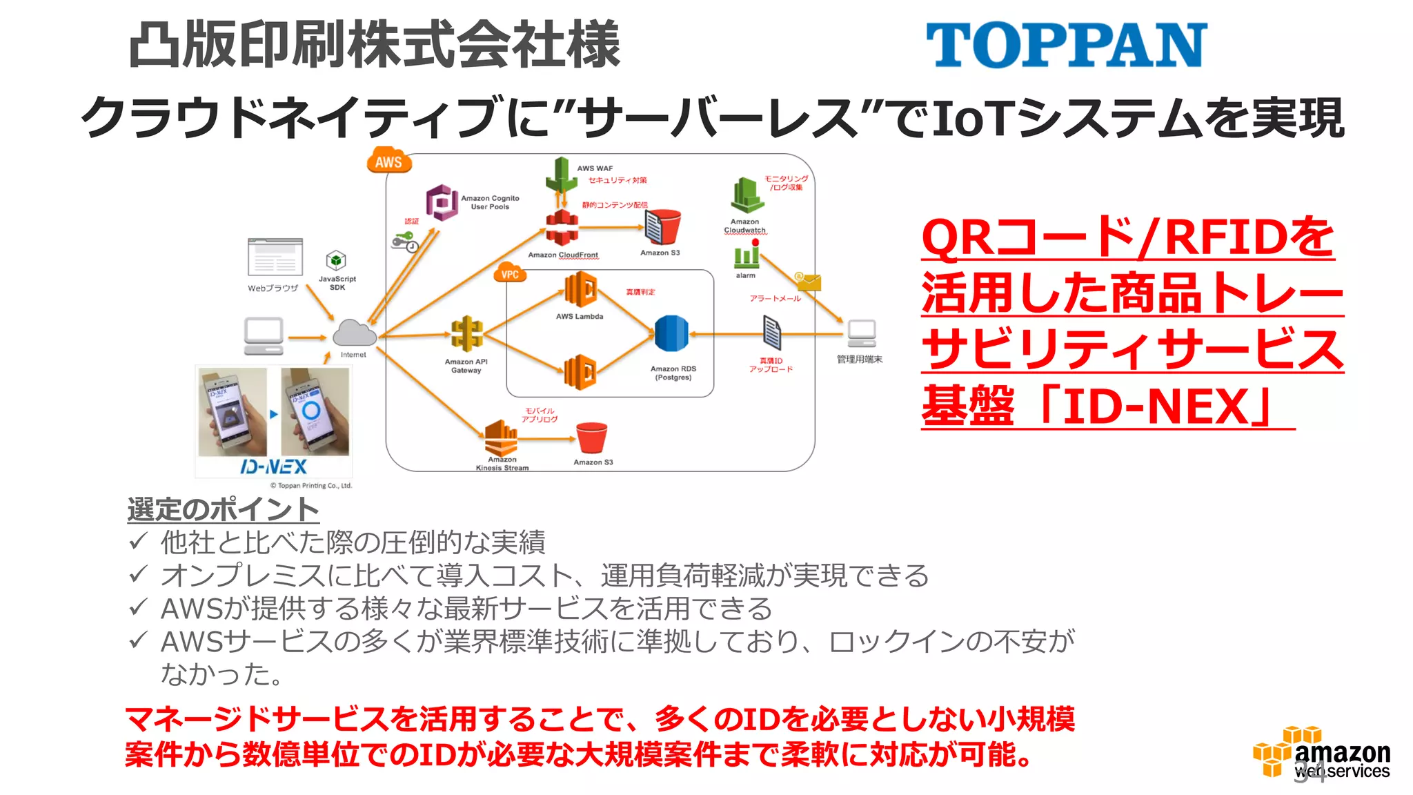 34
凸版印刷株式会社様
クラウドネイティブに”サーバーレス”でIoTシステムを実現
選定のポイント
 他社と比べた際の圧倒的な実績
 オンプレミスに比べて導入コスト、運用負荷軽減が実現できる
 AWSが提供する様々な最新サービスを活用できる
 AWSサービスの多くが業界標準技術に準拠しており、ロックインの不安が
なかった。
マネージドサービスを活用することで、多くのIDを必要としない小規模
案件から数億単位でのIDが必要な大規模案件まで柔軟に対応が可能。
QRコード/RFIDを
活用した商品トレー
サビリティサービス
基盤「ID-NEX」
 