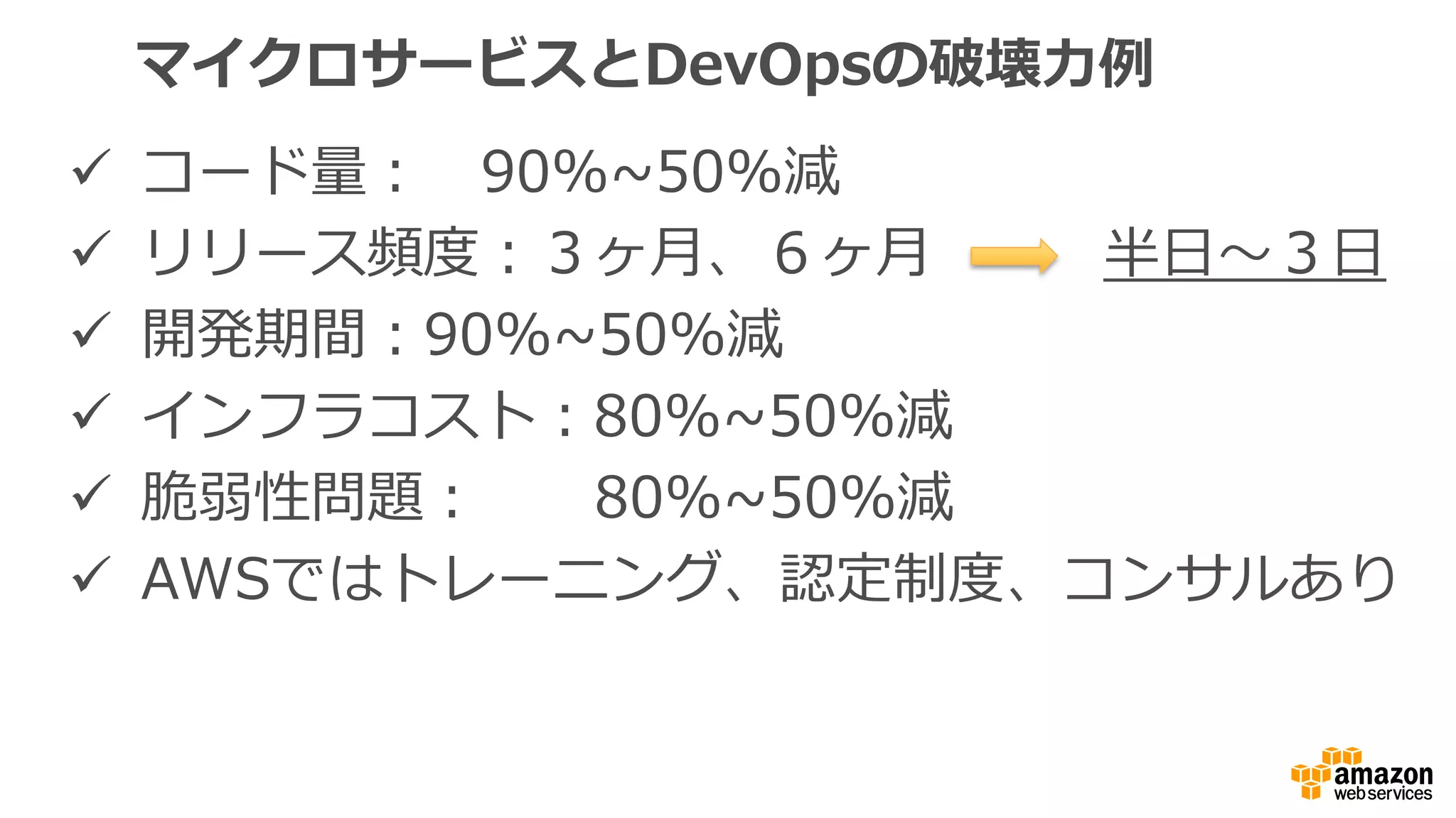  コード量： 90%~50%減
 リリース頻度：３ヶ月、６ヶ月 半日～３日
 開発期間：90%~50%減
 インフラコスト：80%~50%減
 脆弱性問題： 80%~50%減
 AWSではトレーニング、認定制度、コンサルあり
マイクロサービスとDevOpsの破壊力例
 