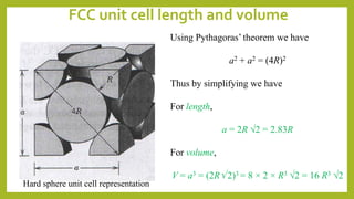 Hard sphere unit cell representation
Using Pythagoras’ theorem we have
a2 + a2 = (4R)2
Thus by simplifying we have
For length,
a = 2R 2 = 2.83R
For volume,
V = a3 = (2R 2)3 = 8 × 2 × R3 2 = 16 R3 2
FCC unit cell length and volume
 
