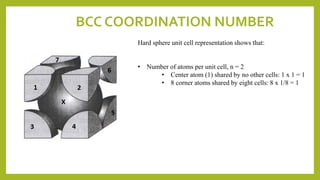BCC COORDINATION NUMBER
Hard sphere unit cell representation shows that:
• Number of atoms per unit cell, n = 2
• Center atom (1) shared by no other cells: 1 x 1 = 1
• 8 corner atoms shared by eight cells: 8 x 1/8 = 1
 