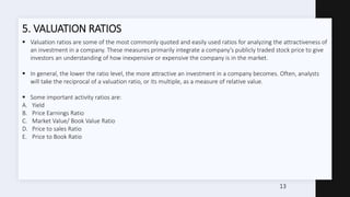 5. VALUATION RATIOS
 Valuation ratios are some of the most commonly quoted and easily used ratios for analyzing the attractiveness of
an investment in a company. These measures primarily integrate a company’s publicly traded stock price to give
investors an understanding of how inexpensive or expensive the company is in the market.
 In general, the lower the ratio level, the more attractive an investment in a company becomes. Often, analysts
will take the reciprocal of a valuation ratio, or its multiple, as a measure of relative value.
 Some important activity ratios are:
A. Yield
B. Price Earnings Ratio
C. Market Value/ Book Value Ratio
D. Price to sales Ratio
E. Price to Book Ratio
13
 