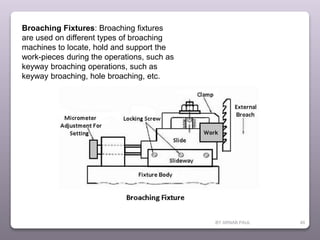BY ARNAB PAUL 49
Broaching Fixtures: Broaching fixtures
are used on different types of broaching
machines to locate, hold and support the
work-pieces during the operations, such as
keyway broaching operations, such as
keyway broaching, hole broaching, etc.
 