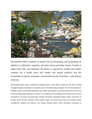 The harmful effects of plastic on aquatic life are devastating, and accelerating. In
addition to suffocation, ingestion, and other macro-particulate causes of death in
larger birds, fish, and mammals, the plastic is ingested by smaller and smaller
creatures (as it breaks down into smaller and smaller particles) and bio
accumulates in greater and greater concentrations up the food chain—with humans
at the top.
Mismanaged plastic waste Insufficiently disposed waste is that which initially had the plan of being
managed through a waste pile or dumpsites, but is ultimately amply managed. This includes disposal in
landfills or open, uncontrolled dumpsites; this implies the material is not fully enclosed and can be lost
to the encompassing atmosphere. This puts it at a dangerous risk of leakage and transport to the natural
atmosphere and oceans via waterways, breezes and waves. Developed nations within most parts of
Europe, North America, Australia, New Zealand, Japan and South Korea have very efficient waste
management support and systems; this implies dumped plastic waste (including unrecycled or
 