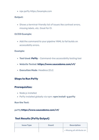 npx pa11y https://example.com
Output:
Shows a terminal-friendly list of issues like contrast errors,
missing labels, etc. Great for CI.
CI/CD Example:
Add the command to your pipeline YAMLto fail builds on
accessibility errors.
Example:
Tool Used: Pa11y – Command-line accessibilitytesting tool
WebsiteTested: https://www.saucedemo.com/v1/
Execution Mode: Headless (CLI)
Stepsto Run Pa11y
Prerequisites:
Node.js installed
Pa11y installed globallyvia npm: npm install -g pa11y
RuntheTest:
pa11yhttps://www.saucedemo.com/v1/
Test Results (Pa11yOutput)
IssueType Count Description
– Missing alt attribute on
 