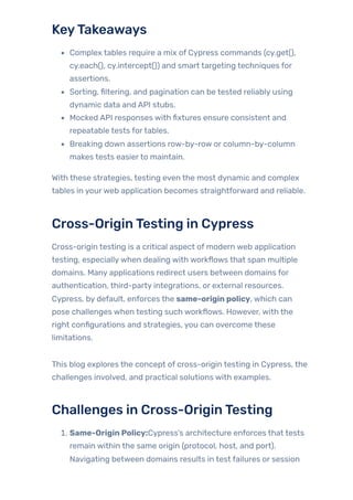 KeyTakeaways
Complex tables require a mix of Cypress commands (cy.get(),
cy.each(), cy.intercept()) and smart targeting techniques for
assertions.
Sorting, filtering, and pagination can be tested reliably using
dynamic data and API stubs.
Mocked API responses with fixtures ensure consistent and
repeatable tests fortables.
Breaking down assertions row-by-row or column-by-column
makes tests easierto maintain.
With these strategies, testing even the most dynamic and complex
tables in yourweb application becomes straightforward and reliable.
Cross-OriginTesting in Cypress
Cross-origin testing is a critical aspect of modern web application
testing, especiallywhen dealing with workflows that span multiple
domains. Many applications redirect users between domains for
authentication, third-party integrations, or external resources.
Cypress, by default, enforces the same-origin policy, which can
pose challenges when testing such workflows. However, with the
right configurations and strategies, you can overcome these
limitations.
This blog explores the concept of cross-origin testing in Cypress, the
challenges involved, and practical solutions with examples.
Challenges in Cross-OriginTesting
1. Same-Origin Policy:Cypress’s architecture enforces that tests
remain within the same origin (protocol, host, and port).
Navigating between domains results in test failures or session
 