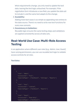 When requirements change, you only need to update the test
data, leaving the test logic untouched. For example, ifthe
registration form introduces a newfield, you update the data set
to include it, and the same test adapts to the change.
3. Scalability:
Adding more test cases is as simple as appending new entries to
the data source. There’s no need to write newtest functions for
every new scenario.
4. ConsistencyinValidation:
Reusable logic ensures the same testing steps and validations
are applied consistently across all data sets.
Real-World Use Case: Multi-RoleAccess
Testing
In an application where different user roles (e.g., Admin, User, Guest)
have varying permissions, you can use reusable test logic to validate
access controls for all roles.
Test Data:
[
{
"role": "Admin",
"accessLevel": "Full",
"expectedPages": ["Dashboard", "Settings", "Reports"]
},
{
"role": "User",
"accessLevel": "Limited",
"expectedPages": ["Dashboard", "Reports"]
},
{
"role": "Guest",
"accessLevel": "Read-Only",
"expectedPages": ["Dashboard"]
 