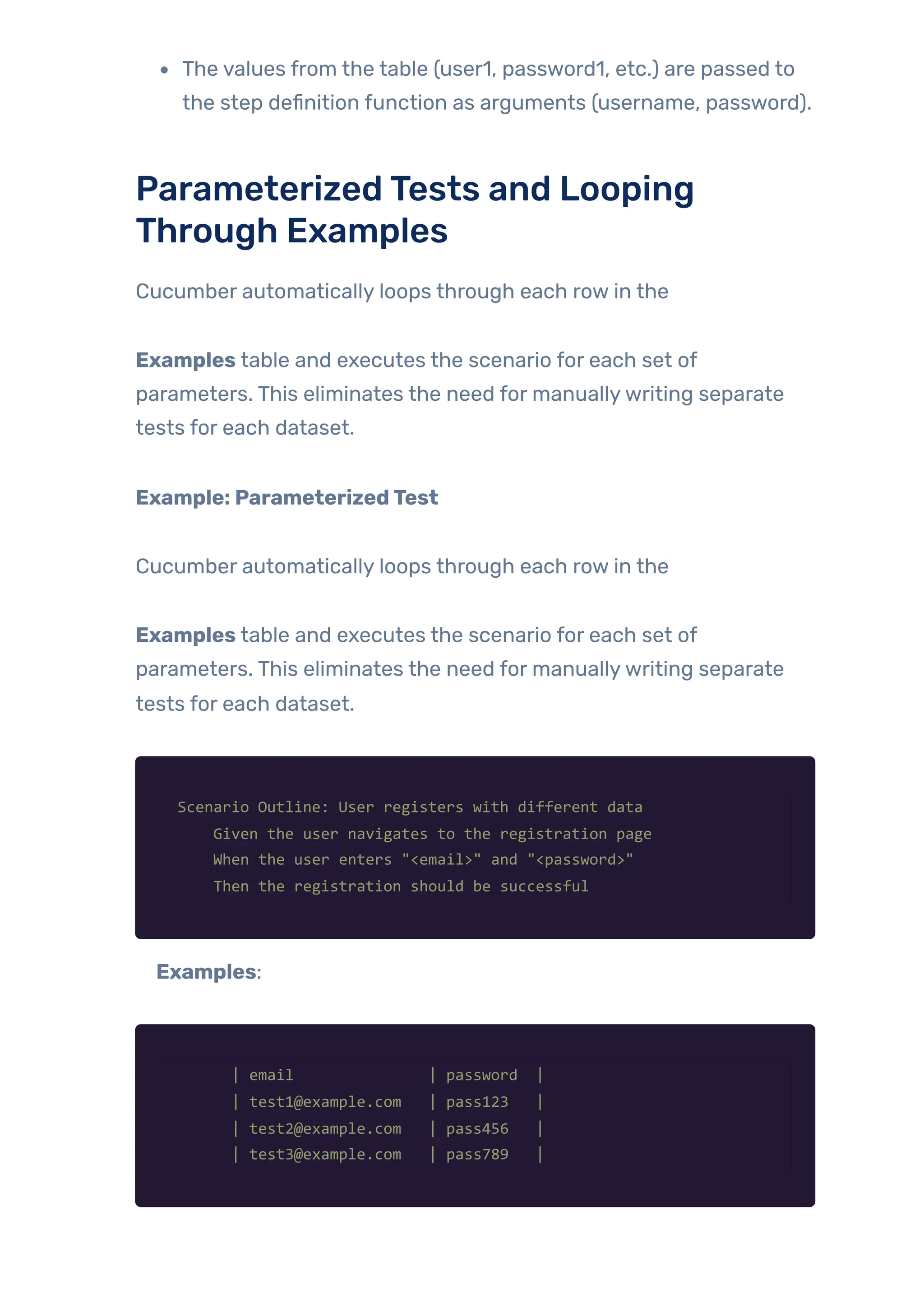 The values from the table (user1, password1, etc.) are passed to
the step definition function as arguments (username, password).
ParameterizedTests and Looping
Through Examples
Cucumber automatically loops through each row in the
Examples table and executes the scenario for each set of
parameters. This eliminates the need for manuallywriting separate
tests for each dataset.
Example: ParameterizedTest
Cucumber automatically loops through each row in the
Examples table and executes the scenario for each set of
parameters. This eliminates the need for manuallywriting separate
tests for each dataset.
Scenario Outline: User registers with different data
Given the user navigates to the registration page
When the user enters "<email>" and "<password>"
Then the registration should be successful
Examples:
| email | password |
| test1@example.com | pass123 |
| test2@example.com | pass456 |
| test3@example.com | pass789 |
 