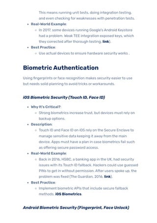 This means running unit tests, doing integration testing,
and even checking forweaknesses with penetration tests.
Real-World Example:
In 2017, some devices running Google’s Android Keystore
had a problem. Weak TEE integration exposed keys, which
they corrected afterthorough testing, link).
Best Practice:
Use actual devices to ensure hardware securityworks .
BiometricAuthentication
Using fingerprints orface recognition makes security easierto use
but needs solid planning to avoid tricks orworkarounds.
iOS Biometric Security(Touch ID, Face ID)
WhyIt’s Critical?:
Strong biometrics increase trust, but devices must rely on
backup options.
Description:
Touch ID and Face ID on iOS rely on the Secure Enclave to
manage sensitive data keeping it awayfrom the main
device. Apps must have a plan in case biometrics fail such
as offering secure password access.
Real-World Example:
Back in 2016, HSBC, a banking app in the UK, had security
issues with its Touch ID fallback. Hackers could use guessed
PINs to get in without permission. After users spoke up, the
problem was fixed (The Guardian, 2016, link).
Best Practice:
Implement biometric APIs that include secure fallback
methods. iOS Biometrics.
Android Biometric Security(Fingerprint, Face Unlock)
 