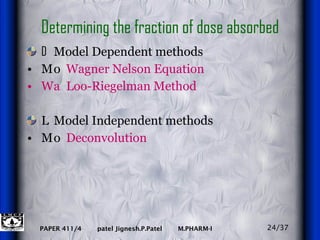 Determining the fraction of dose absorbed  Model Dependent methods  Wagner Nelson Equation  Loo-Riegelman Method  Model Independent methods  Deconvolution 24/37 