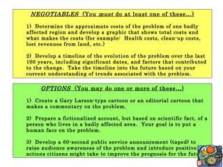 NEGOTIABLES   (You  must  do at least one of these…) 1)  Determine the approximate costs of the problem of one badly affected region and develop a graphic that shows total costs and what makes the costs (for example:  Health costs, clean-up costs, lost revenues from land, etc.) 2)  Develop a timeline of the evolution of the problem over the last 100 years, including significant dates, and factors that contributed to the change.  Take the timeline into the future based on your current understanding of trends associated with the problem. OPTIONS   (You may do one or more of these…) 1)  Create a Gary Larson-type cartoon or an editorial cartoon that makes a commentary on the problem. 2)  Prepare a fictionalized account, but based on scientific fact, of a person who lives in a badly affected area.  Your goal is to put a human face on the problem. 3)  Develop a 60-second public service announcement (taped) to raise audience awareness of the problem and introduce positive actions citizens might take to improve the prognosis for the future. 