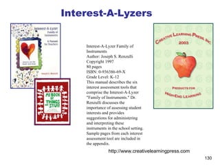 Interest-A-Lyzers Interest-A-Lyzer Family of Instruments Author: Joseph S. Renzulli Copyright 1997 80 pages ISBN: 0-936386-69-X Grade Level: K-12 This manual describes the six interest assessment tools that comprise the Interest-A-Lyzer "Family of Instruments." Dr. Renzulli discusses the importance of assessing student interests and provides suggestions for administering and interpreting these instruments in the school setting. Sample pages from each interest assessment tool are included in the appendix. http://www.creativelearningpress.com 