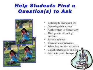 Help Students Find a Question(s) to Ask Listening to their questions Observing their actions As they begin to wonder why Their pattern of reading interests Favorite subjects Extracurricular activities  When they mention a concern Casual statements or opinion Interest in particular topics 