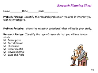 Research Planning Sheet Name________Date_______Class_________ Problem Finding:   Identify the research problem or the area of interest you wish to investigate. Problem Focusing:   State the research question(s) that will guide your study. Research Design:   Identify the type of research that you will use in your study. Descriptive Correlational Historical Experimental Developmental Case and Field 