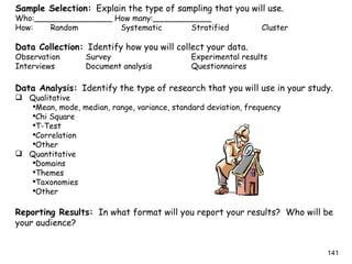 Sample Selection:   Explain the type of sampling that you will use. Who:________________ How many:____________ How: Random Systematic Stratified Cluster Data Collection:   Identify how you will collect your data. Observation Survey Experimental results Interviews Document analysis Questionnaires Data Analysis:   Identify the type of research that you will use in your study. Qualitative Mean, mode, median, range, variance, standard deviation, frequency Chi Square T-Test Correlation Other Quantitative Domains Themes Taxonomies Other Reporting Results:   In what format will you report your results?  Who will be your audience? 