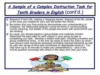 A Sample of a Complex Instruction Task for Tenth Graders in English  (cont’d.) Research Frost’s life, making a “stepping stones” diagram of his life, similar to the ones you created for your own life earlier this month. Be certain that your final products demonstrate your understanding of metaphor, the relationship between varied art forms in communicating human meaning, and details of the people and poem with whom/which you are working. As usual, you should appoint a group leader and materials monitor.  Determine the best roles for each person in your group to play in completing your task.  Develop a written work plan, including a timeline and group conference times.  In the end, be ready to share the rubric by which your group’s work should be assessed (including required elements as well as your own sense of what else constitutes an appropriate product.)  You may have up to 30 minutes to make your presentation(s) – plus a ten minute question exchange with others in the class who view your work. 