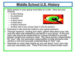 Middle School U.S. History Each person in your group must take on a role.  Here are your choices: A slave fleeing An abolitionist A Quaker A slave owner A freed slave A Native American Another role of your choice (clear it with the teacher) Everyone’s role must be rooted in your group scenario. Through research, reading and class, gather data about your role and one other role adopted by someone in your group.  In the end, each role should be researched by 2 group members to provide greater insight and maximum data.  You have primary responsibility for “your” role, but secondary responsibility to help someone else achieve a rich and accurate understanding of “their” role. Generate as many data sheets as you can about “your” own role and your secondary role.  There’ll be times to share written work. 