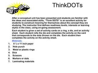 ThinkDOTs   After a conceptual unit has been presented and students are familiar with the ideas and associated skills, “Think DOTS” is an excellent activity for students to construct meaning for themselves about the concept they are studying. The instructor first defines readiness levels, interests or learning styles in the class, using on-going assessment. Each student is given a set of activity cards on a ring, a die, and an activity sheet.  Each student rolls the die and completes the activity on the card that corresponds to the dots thrown on the die.  Each student then completes the activity on the activity sheet. Materials: 1.        8 ½ x 11 inch paper 2.       Hole punch 3.       Metal or plastic rings 4.      Dice 5.  Scissors 6.  Markers or dots 7.  Laminating materials 