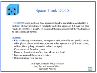      Space Think DOTS ThinkDOTS  were used as a final assessment and to complete research after  a full unit of study about space.  Students worked in groups of 2-4 over two plus weeks to complete ThinkDOTS tasks and then presented what they had learned  to the school and parents. KNOW: Key vocabulary - astronomer, atmosphere, axis, constellation, gravity, moon, orbit, phase, planet, revolution, rotation, solar, system, star (X Factor, crater,  eclipse, flare, galaxy, meteorite, nebula, sunspot) Components of the solar system Physical characteristics of the Sun, Moon, and Earth Four seasons and their characteristics Objects that move in the sky Multi-age Classroom: 3rd & 4 th  Grades Judy Rex and Natanya Sabin,  Scottsdale, Arizona 1 