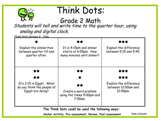 Think Dots: Grade 2 Math Students will tell and write time to the quarter hour, using analog and digital clock. Think Dots Version 2:  Time The Think Dots could be used the following ways: Anchor Activity, Pre-assessment, Review, Post-assessment Dawn LoCassale ● Explain the similarities between quarter till and quarter after. ●● It is 4:15pm and dinner starts at 6:00pm.  How many minutes until dinner? ●●● Explain the difference between 5:15 and 5:45. ●● ●● It’s 3:15 in Egypt.  What do you think the people of Egypt are doing? ●● ● ●● Create a word problem using the times 9:00pm and 7:00am. ●●● ●●● Explain the difference between 12:00am and 12:00pm. 