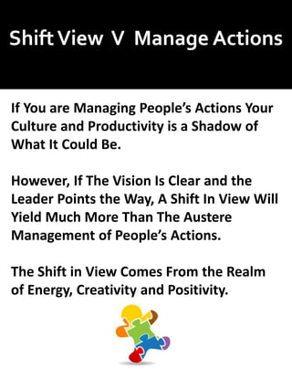 ShiftView V Manage Actions
If You are Managing People’s Actions Your
Culture and Productivity is a Shadow of
What It Could Be.
However, If The Vision Is Clear and the
Leader Points the Way, A Shift In View Will
Yield Much More Than The Austere
Management of People’s Actions.
The Shift in View Comes From the Realm
of Energy, Creativity and Positivity.
 