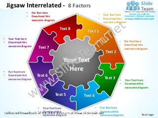 Jigsaw Interrelated - 8 Factors
               •   Put Text here
               •   Download this                             •    Your Text here
                   awesome diagram                           •    Download this
                                                                  awesome diagram

                                       Text 8
                                                  Text 1
•   Your Text here
•   Download this                                                            •     Put Text here
    awesome diagram                                                          •     Download this
                       Text 7                                                      awesome diagram
                                                                    Text 2

                                         Your Text
•   Put Text here
                                           Here
•   Download this     Text 6
    awesome diagram                                                Text 3    •     Your Text here
                                                                             •     Download this
                                                                                   awesome diagram

                                     Text 5     Text 4

                       •   Your Text here                •       Put Text here
                       •   Download this                 •       Download this
                           awesome diagram                       awesome diagram              Your Logo
 